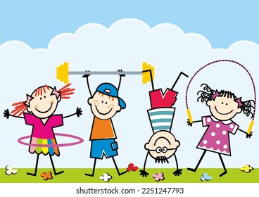 Four sports children on meadow, little girls and boys with hula hoop, dumbbells, jump rope, handstand, funny vector illustration on blue background.