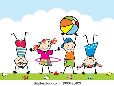 Four sports children on playground, little girls and boys with beach ball and hula hoop, funny vector illustration on white background.