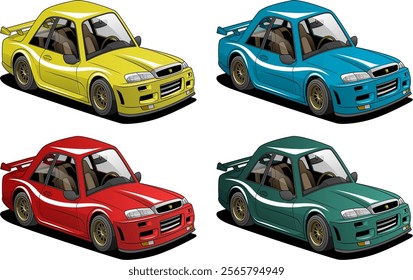 four sporty cars in yellow, blue, red, and green, each with distinctive spoilers and rims, highlighting customization options