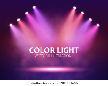 Four Spotlight and two side on stage for your design. Colorful light. Vector illustration.