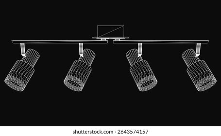 Four spotlights arranged in a triangular formation stand out against a black background. The central light is the largest, flanked by two smaller ones, with clean line art creating strong contrast.