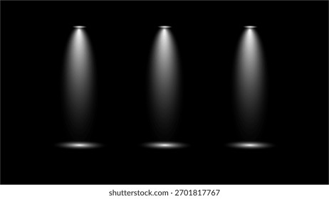 Quatro holofotes iluminam o fundo da transparência, criando feixes focados de luz. A cena é minimalista e dramática