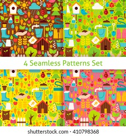 Four Spring Garden Seamless Patterns Set. Flat Design Vector Illustration. Tile Backgrounds. Set of Nature Gardening Tools Items.