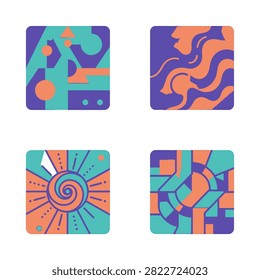 Four square abstract designs featuring geometric shapes and fluid patterns in teal purple and orange