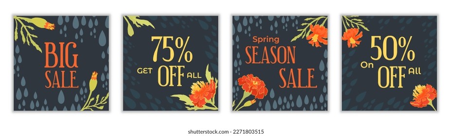 Four Square banners with dark backgrounds and fully colored leaves and flowers. Plant parts of the Marigold with raindrops on the backdrop. Vintage-style banners for Sale campaigns.