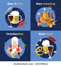 Four square beer icon set of beer and fish men meeting Octoberfest and beer time themes vector illustration