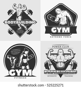 Four square black body building emblem set with gym extreme force bodybuilding intensive training descriptions vector illustration