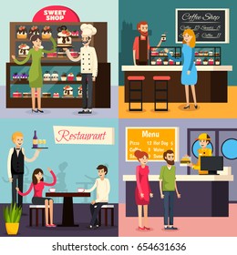 Four square cafe worker flat icon set on restaurant cafe bar sweet shop themes vector illustration