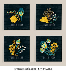 Four square cards. Hand drawn creative flower. Colorful artistic background with blossom. Abstract herb. It can be used for invitation, thank you message, postcard. Vector illustration, eps10