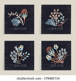 Four square cards. Hand drawn creative flower. Colorful artistic background with blossom. Abstract herb. It can be used for invitation, thank you message, postcard. Vector illustration, eps10