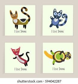 Four square cards. Hand drawn funny March cats. Artistic background with cute kittens. I love Spring. It can be used for invitation, thank you message, postcard. Vector illustration, eps10.