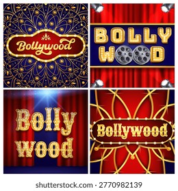 Vier quadratische Karten in einem zwei durch zwei Raster zeigt die obere linke zeigt ein goldumrandetes Bollywood-Zeichen auf einem dunkelblauen Mandala-gemusterten Hintergrund die obere rechte zeigt große BOLLYWOOD-Marquee-Buchstaben mit Filmrollen ersetzen das Os auf einem blauen Hintergrund mit roten Vorhängen und Scheinwerfer unter der unteren linken Seite verfügt über große gestapelte Marquee BOLLYWOOD Buchstaben auf einem roten Vorhang mit blauem Scheinwerfer die untere rechte zeigt ein Gold gerahmtes Bollywood-Zeichen auf rotem und goldenem geometrischen Blütenblatt-Hintergrund realistisch
