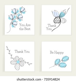 Four square cards with wishes. Hand drawn creative flowers. Colorful artistic background with blossom. Abstract herb. It can be used for invitation, thank you message, postcard. Vector, eps10