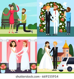 Four square colored wedding people orthogonal icon set with different types of couple vector illustration
