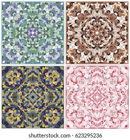 Four square colorful patterns. Oriental ornament for the design of scarves, scarves or textiles. Vector illustration.