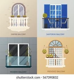 Four square compositions set with antique classic and modern balcony design concept with flat window images vector illustration