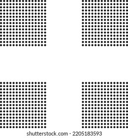 Vier quadratische Ecke kreuz-halftone Muster. Eine Anordnung von Kreisen, die die Form eines Kreuzes bilden. Einzeln auf weißem Hintergrund.