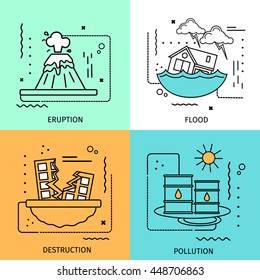 Four square disaster damage colored icon set in linear style with descriptions of eruption flood destruction and pollution vector illustration