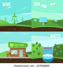 Four square ecology flat icon set on wind sun water and eco fuel themes vector illustration