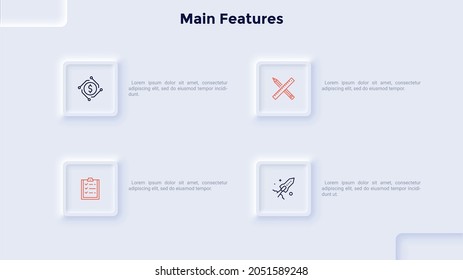 Vier quadratische Elemente mit Beschreibung. Konzept von 4 Hauptfunktionen des Startprodukts. Modernes, pneumorphes Design-Template. Einfache Vektorgrafik für Geschäftsvorführungen, Bericht.
