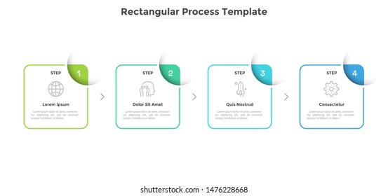 Four square elements placed in horizontal row and connected by arrows. Diagram representing 4 stages of business process. Simple infographic design template. Vector illustration for presentation.