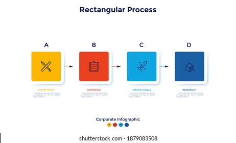 Four square elements placed into horizontal row and connected by arrows. Concept of 4 stages of business process. Corporate infographic design template. Flat vector illustration for progress bar.