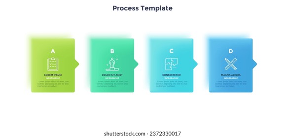 Four square elements or rectangular frames placed in horizontal row. Visualization of 4-stepped business process. Simple infographic design template. Flat vector illustration for presentation, report.