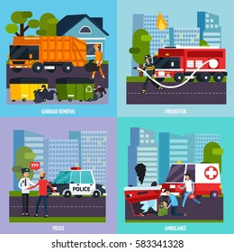 Four square emergency services icon set with garbage removal firefighter police ambulance descriptions vector illustration