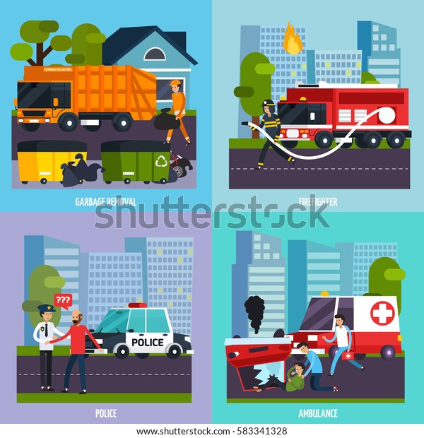 Four\
square emergency services icon set with garbage removal firefighter\
police ambulance descriptions vector\
illustration
