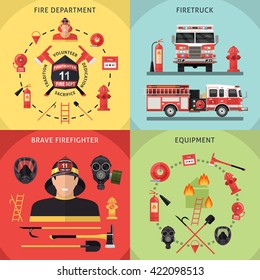 Four square firefighter icon set with description of fire department firetruck brave firefighter and equipment vector illustration