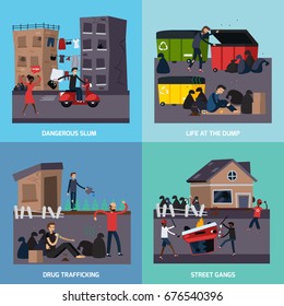 Four square flat ghetto slum icon set with dangerous slum street gangs drug trafficking descriptions vector illustration