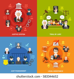 Four square flat law icon set with justice system trial by jury and others descriptions vector illustration