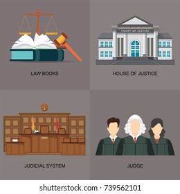 Four square flat law icon set with judicial system, law books,house of justice and judges, Vector illustration.