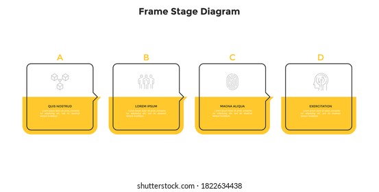 Four square frame elements placed in horizontal row and connected by pointers. Concept of 4 steps of business project progress. Minimal infographic design template. Modern flat vector illustration.