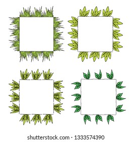 Four square  frames with green grass and leaves. Isolated frames on white background for your design