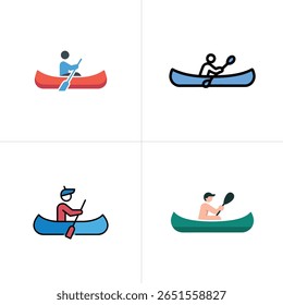 Four square graphics depict people using paddles to navigate kayaks with bright colors like red, blue, green, and black on a clean transparent background, perfect for various applications.