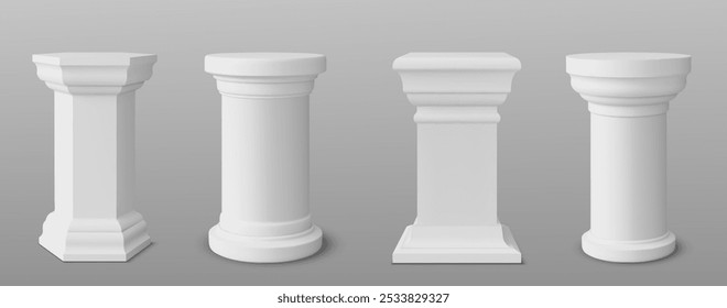 Four square, hexagon and round white columns with unique base and top design. Realistic 3d vector set of antique sculpture stage for product displays or podiums. Modern elegant goods showcase.