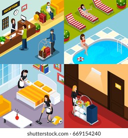 Four square hotel service isometric icon set with reception room pool maids cleaned room vector illustration