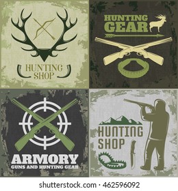 Four square hunting icon set with hunting shop hunting gear and armory descriptions vector illustration