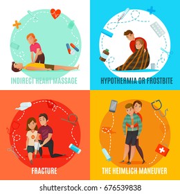 Four square icon set with emergency first aid people concept and with indirect heart massage fracture hypothermia and the heimlich maneuver descriptions vector illustration