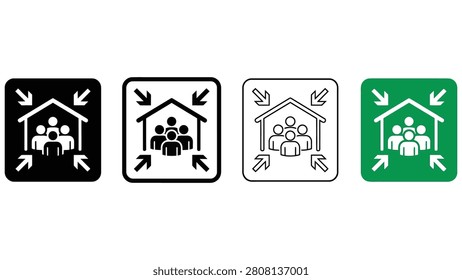 Four square icons with people under a roof and arrows on a white background