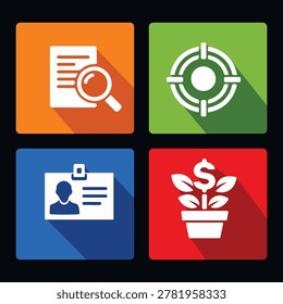 Four square icons represent business and finance concepts against a dark backdrop. The top left icon shows a document being analyzed by a magnifying glass in an orange square. The top right features a