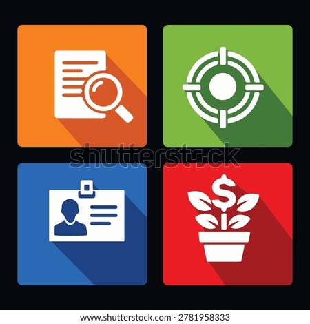 Four square icons represent business and finance concepts against a dark backdrop. The top left icon shows a document being analyzed by a magnifying glass in an orange square. The top right features a