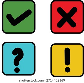 Cuatro iconos cuadrados que representan una marca de verificación, una cruz, un signo de interrogación y un signo de exclamación.