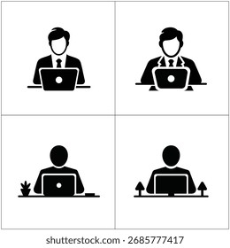 Four square icons show a man in a suit working on a laptop silhouette, including plants, arranged against a white background.