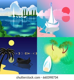 Four square illustration set with tropical landscape and boats