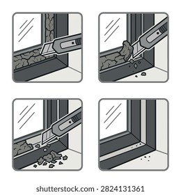 Four square illustrations depicting the process of removing old sealant from a window frame using a utility knife.