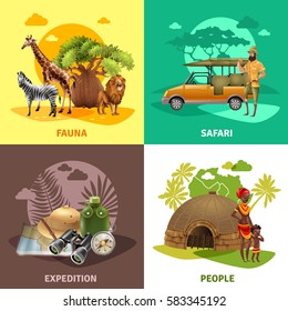 Four square isolated safari design icon set with fauna safari expedition and people descriptions vector illustration