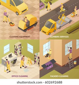 Four square isometric industrial cleaning concept with cleaning equipment climbers services office cleaning and facades cleaning descriptions vector illustration