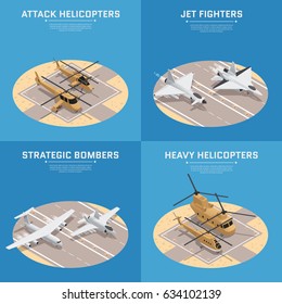 Four Square Isometric Military Air Force Icon Set With Attack Helicopters Jet Fighters Heavy Helicopters And Others Descriptions Vector Illustration